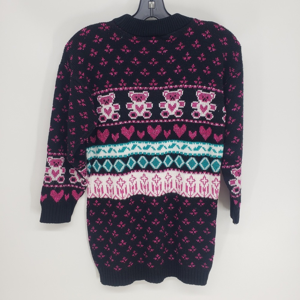 Vintage 90s Private Eyes Bear Heart Fair Isle Sweater Womens XS Black Pink Lurex - Picture 2 of 8